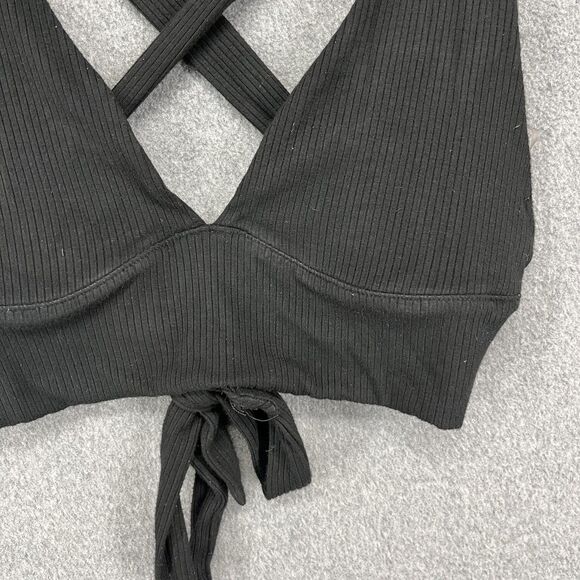 Garage Crop Top Womens XS Black Ribbed Cross Back Tie Front Sleeveless Stretchy - Picture 5 of 15